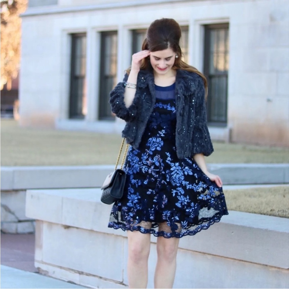 Romeo & Juliet Couture Navy Sheer Neckline Cocktail sequin Dress
